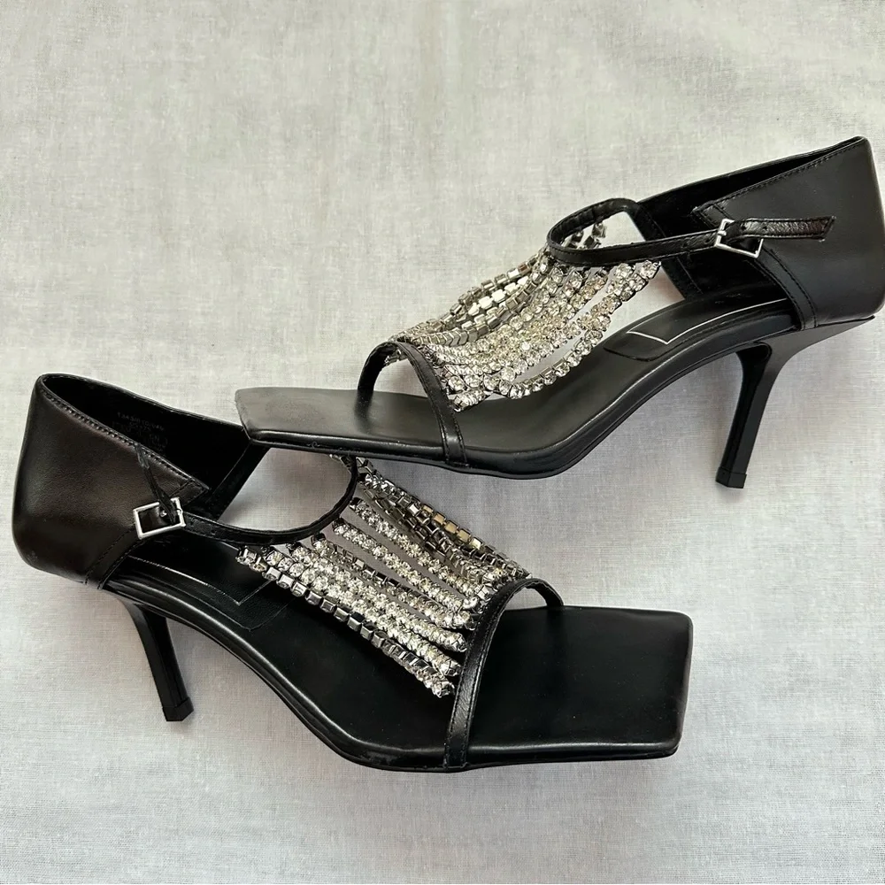 New Zara $129 Rhinestone Square Toe Black Sandals 1343/610 Size 10 RARE - Picture 16 of 16